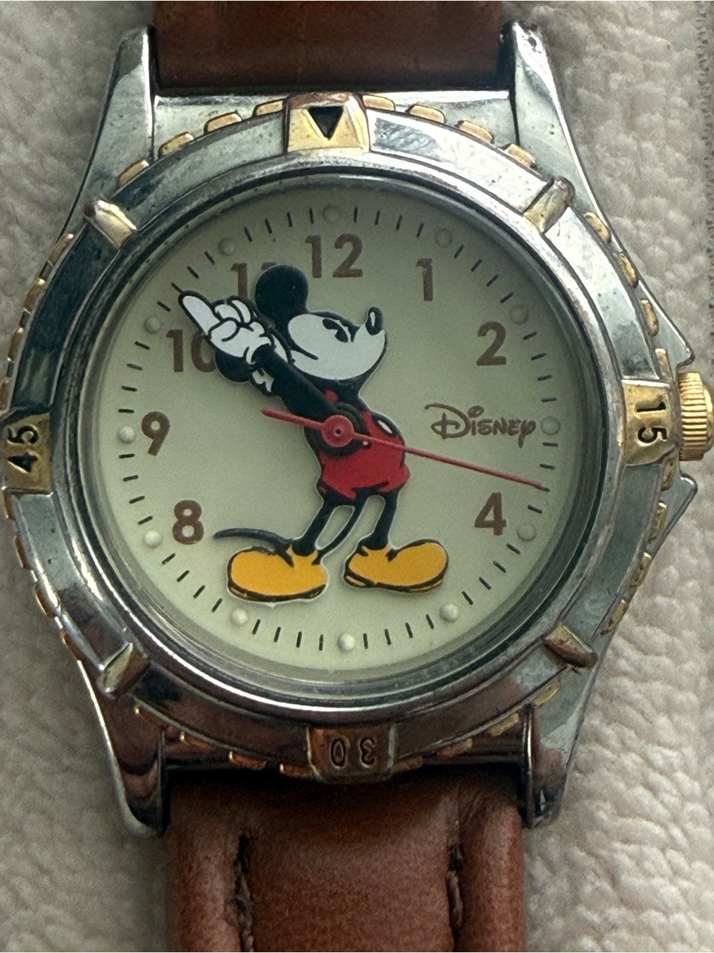 Vintage Disney Mickey Mouse Wristwatch With Brown Leather Band #MC0296